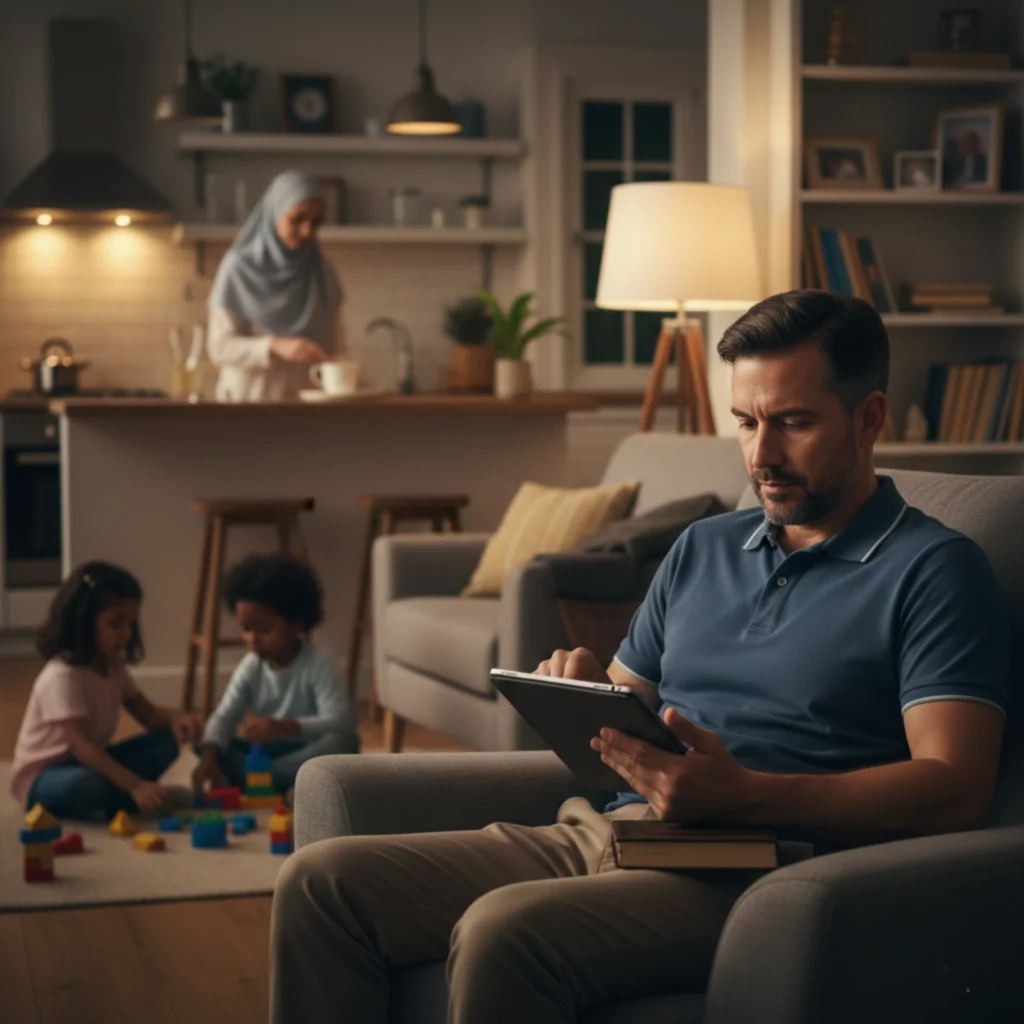 Busy adult Muslim studying the Quran at home while balancing family life and responsibilities