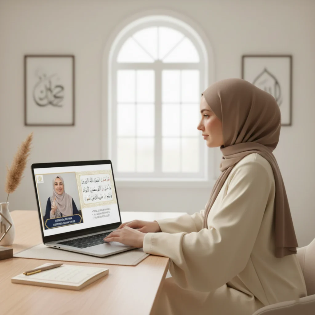 Online Quran tutor teaching Tajweed to an adult student through a structured virtual lesson