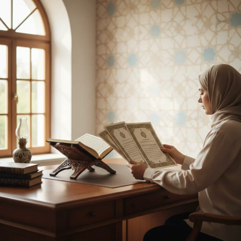 Adult Muslim woman carefully reading the Quran with Tajweed in a quiet study setting