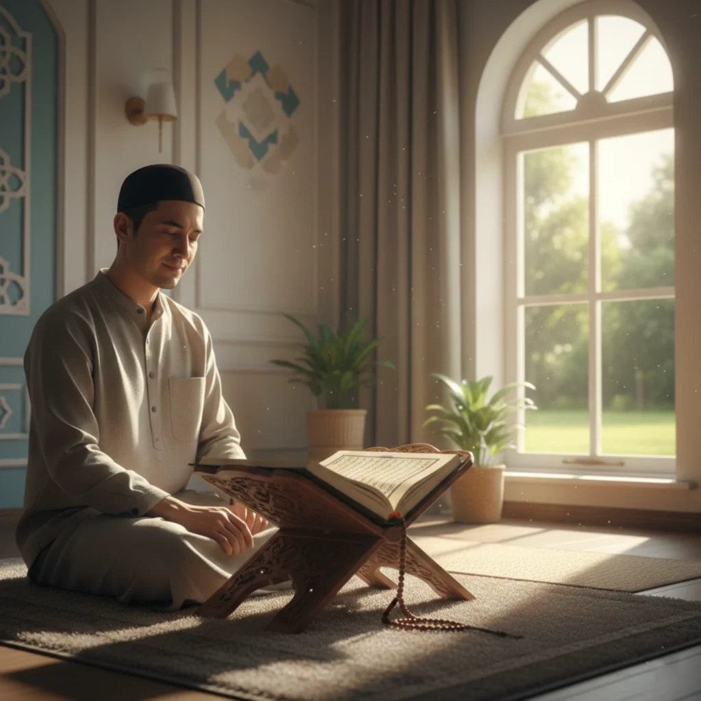Adult Muslim man studying the Quran calmly at home using a wooden rehal in natural daylight