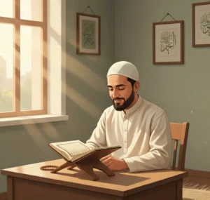 Open Quran placed on a wooden rehal in a calm home setting, symbolizing focused Quran recitation and study