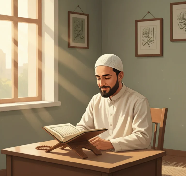 Open Quran placed on a wooden rehal in a calm home setting, symbolizing focused Quran recitation and study