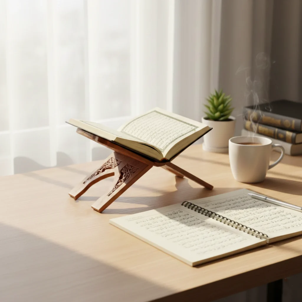 Female student sitting at a desk, learning Quran online through a live video lesson in a quiet home setting.