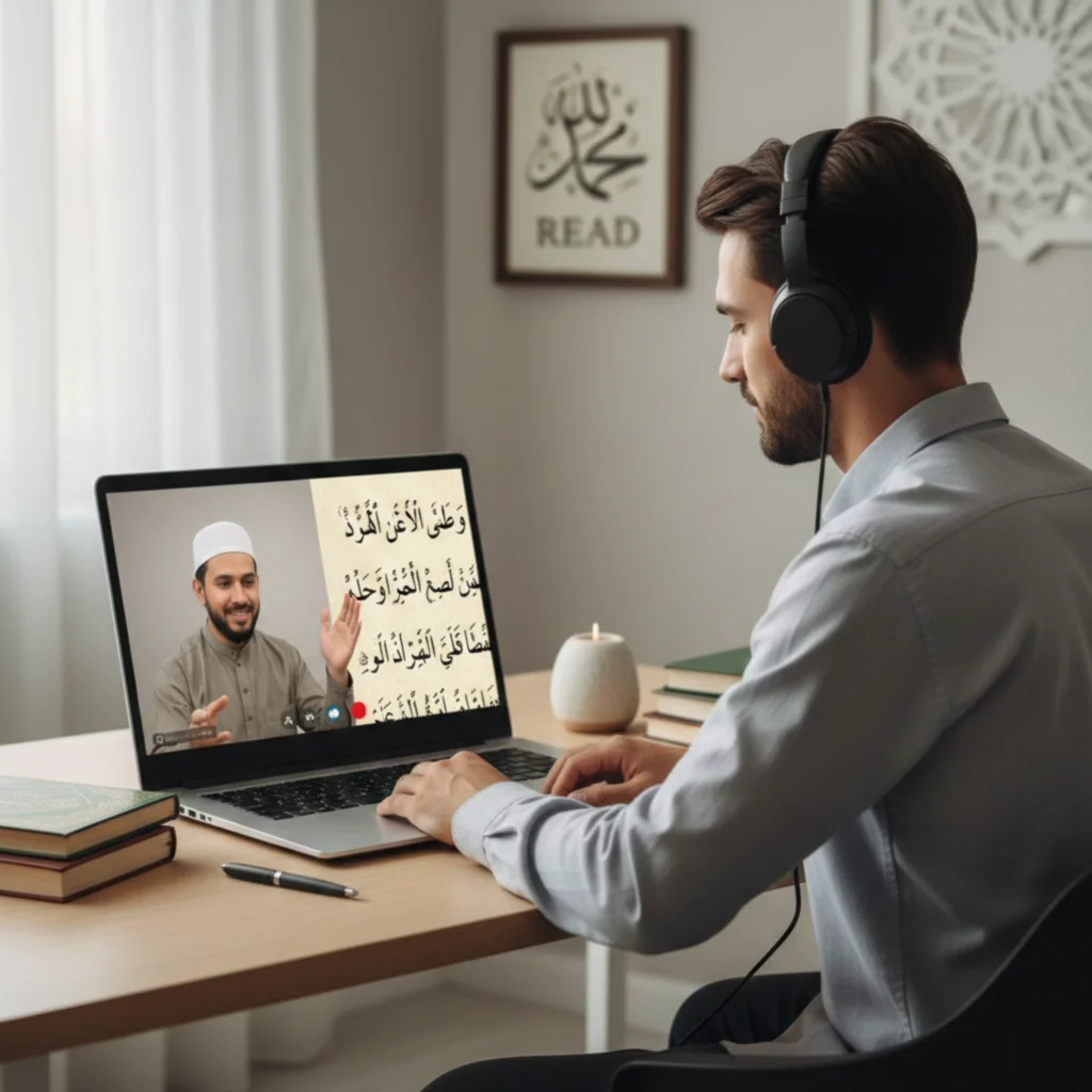 Adult student attending an online Quran reading class with a teacher