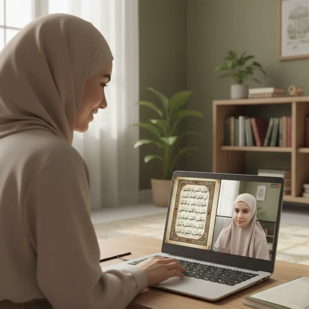 Muslim woman attending an online Quran class on a laptop, reading Quran with a teacher on video call