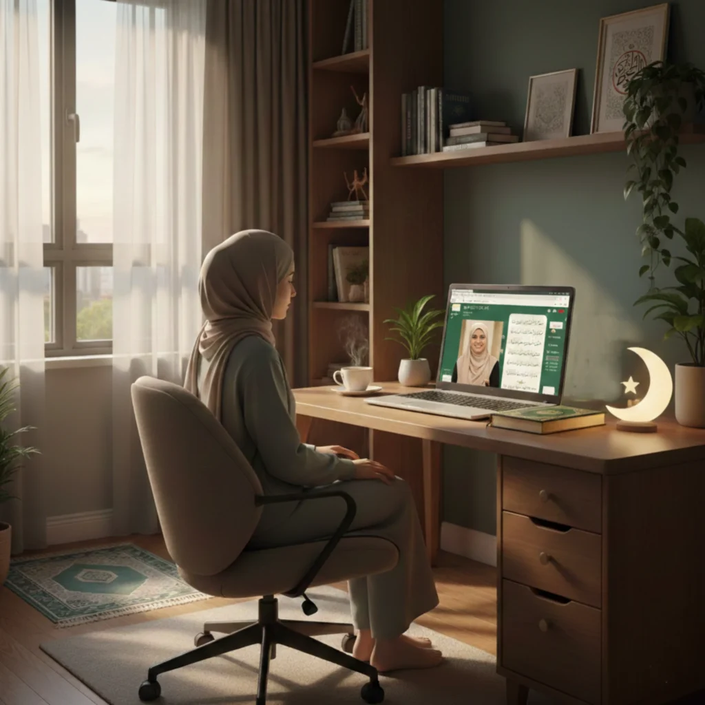 Open Quran placed on a wooden rehal on a study desk, with notes and a calm home learning environment.