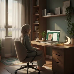 Open Quran placed on a wooden rehal on a study desk, with notes and a calm home learning environment.