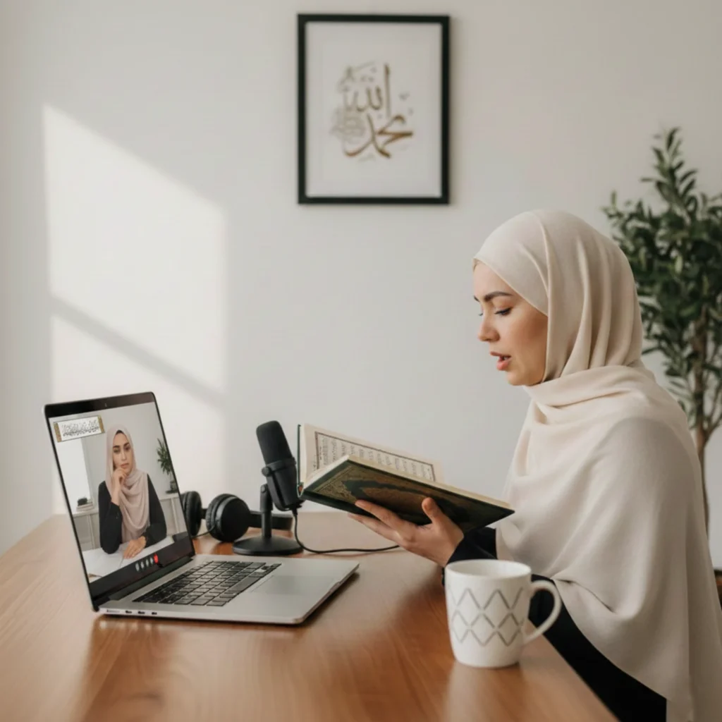 Adult Muslim woman reciting Quran during an online Tajweed lesson with a tutor