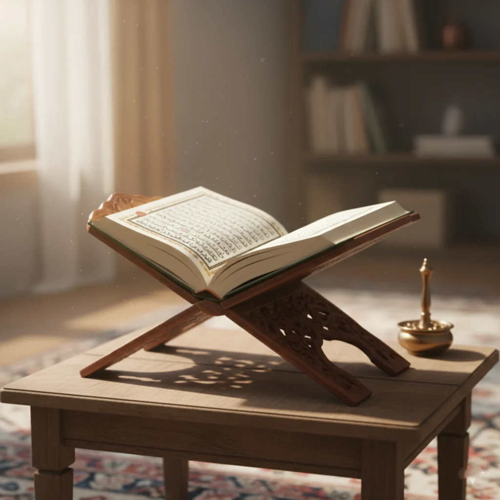 Adult Muslim man reading Quran at home with focus and proper recitation posture