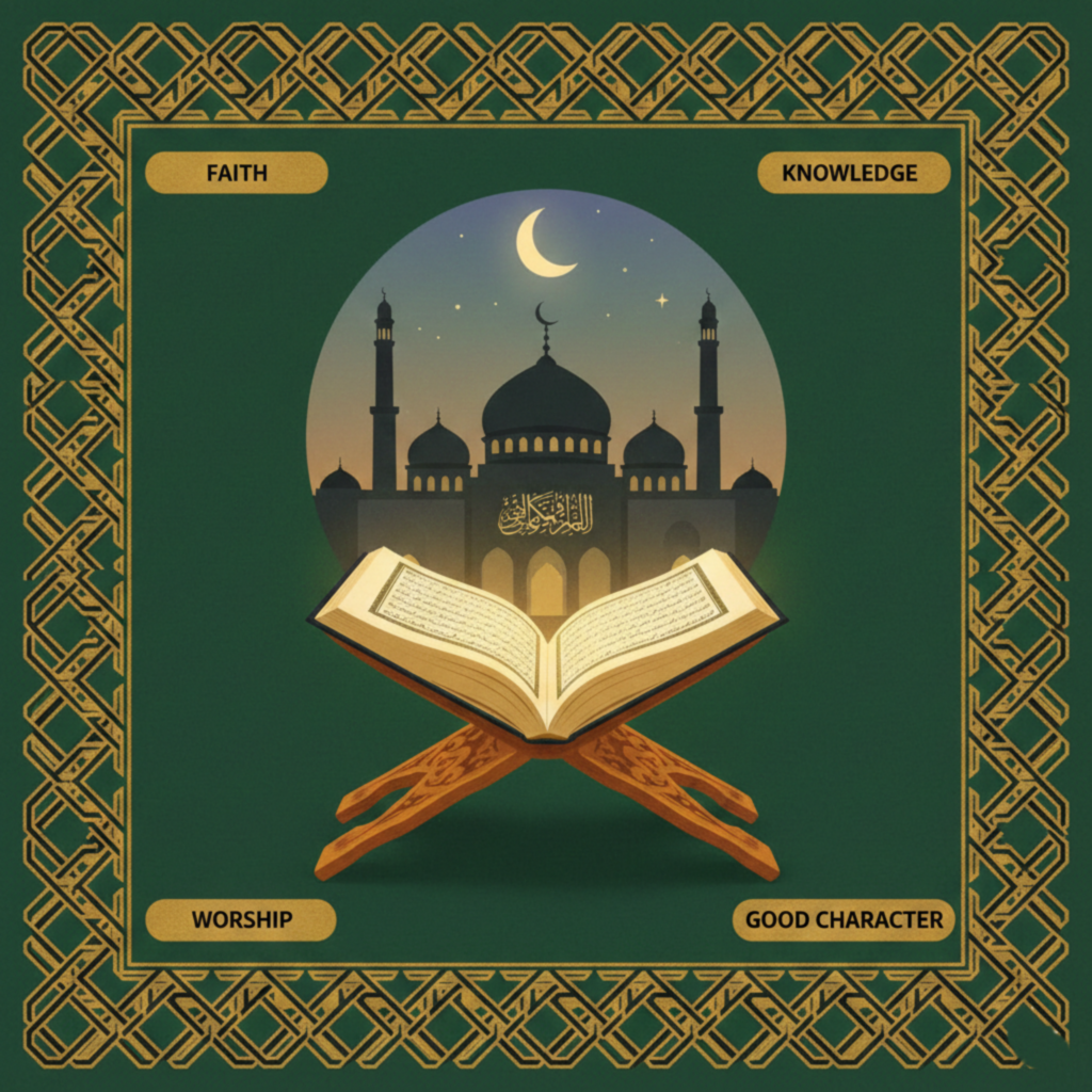 llustration of the Holy Quran open on a wooden stand with a mosque and crescent moon in the background, symbolizing faith, knowledge, worship, and good character in Islam.