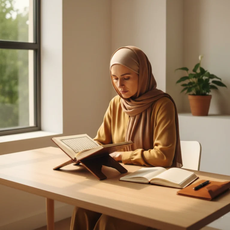 Open Quran placed on a wooden rehal in a calm Islamic study setting