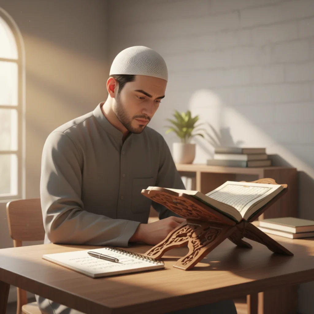 Adult Muslim man reading the Quran at a desk with a notebook, focused on structured Quran learning