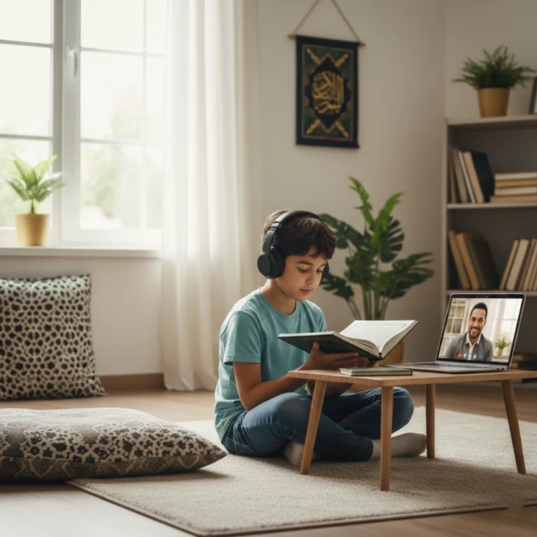 Young child attending an online Quran class at home, reading from the Quran during a live video lesson.