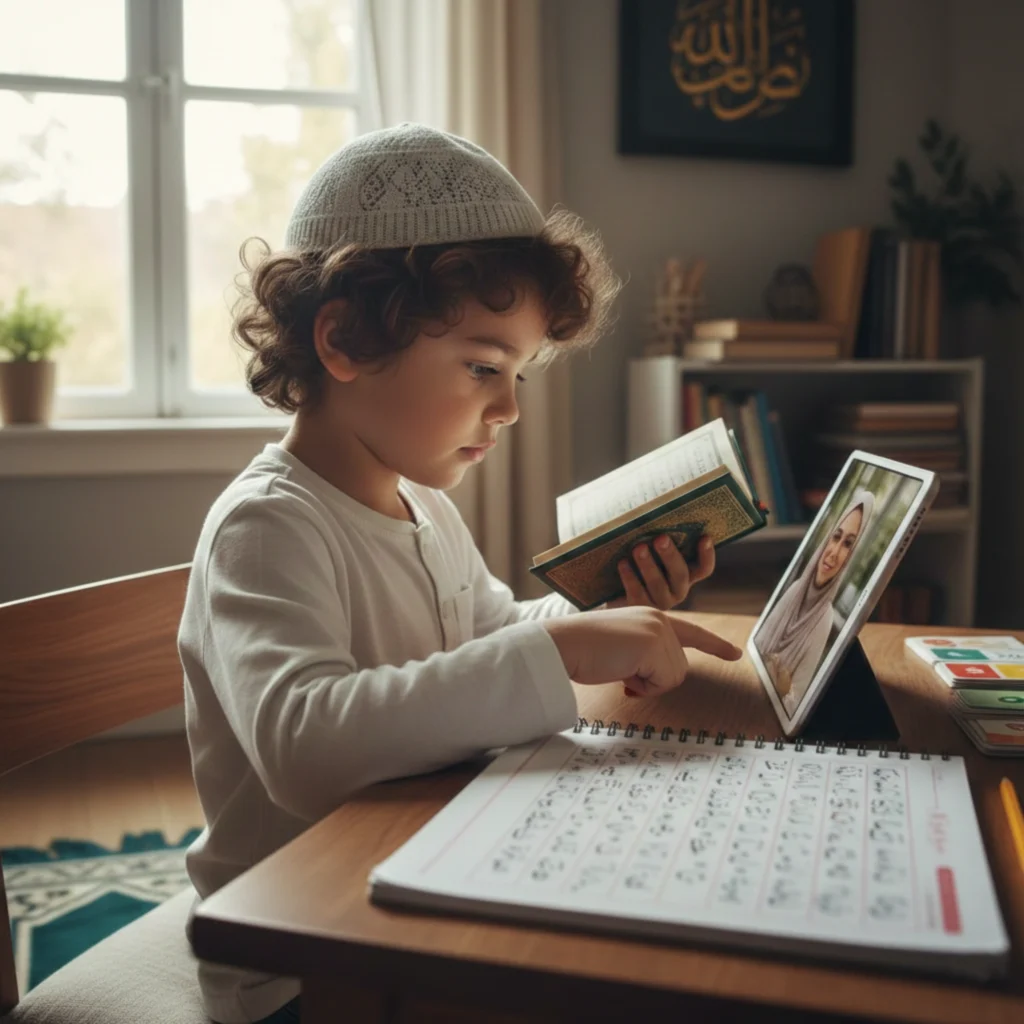 Young boy studying Quran in a one-on-one online lesson using headphones and laptop.