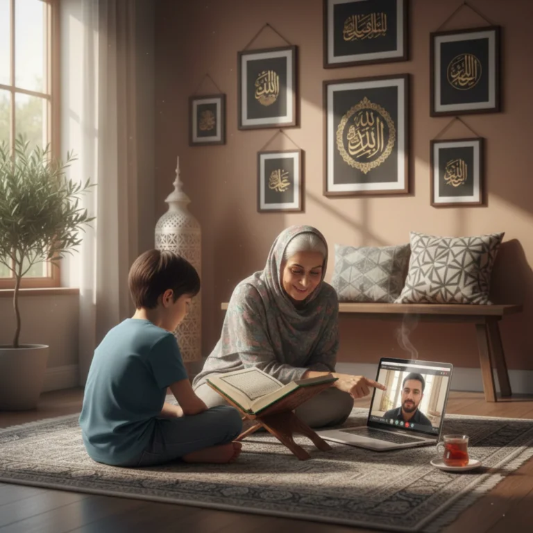 Open Quran placed on a wooden stand near a window with soft morning light creating a calm, spiritual atmosphere at home