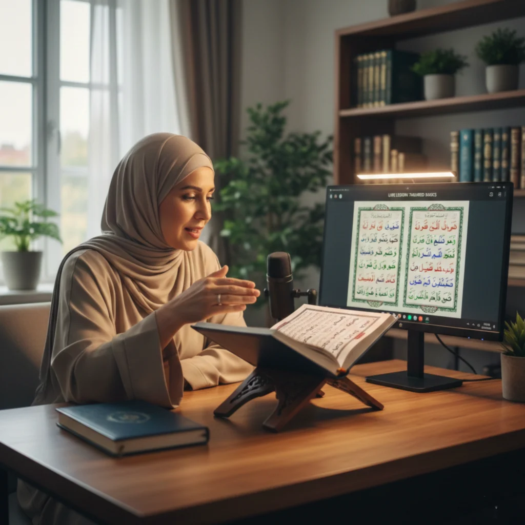 Female Quran teacher explaining Tajweed rules during a live online lesson.