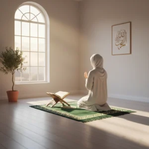 Muslim woman praying on a prayer mat with an open Quran placed on a wooden rehal in a peaceful room