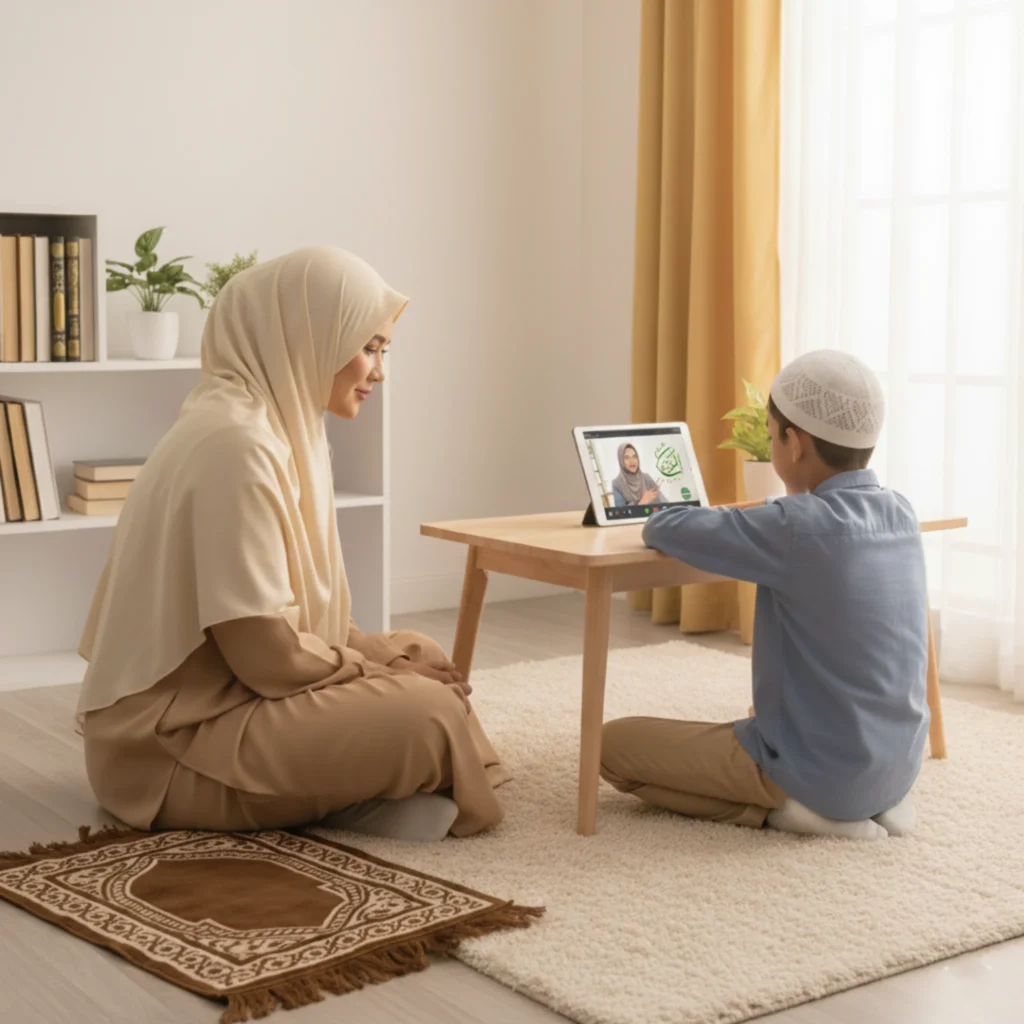 Child attending an online Quran class at home while a parent sits nearby for support and guidance