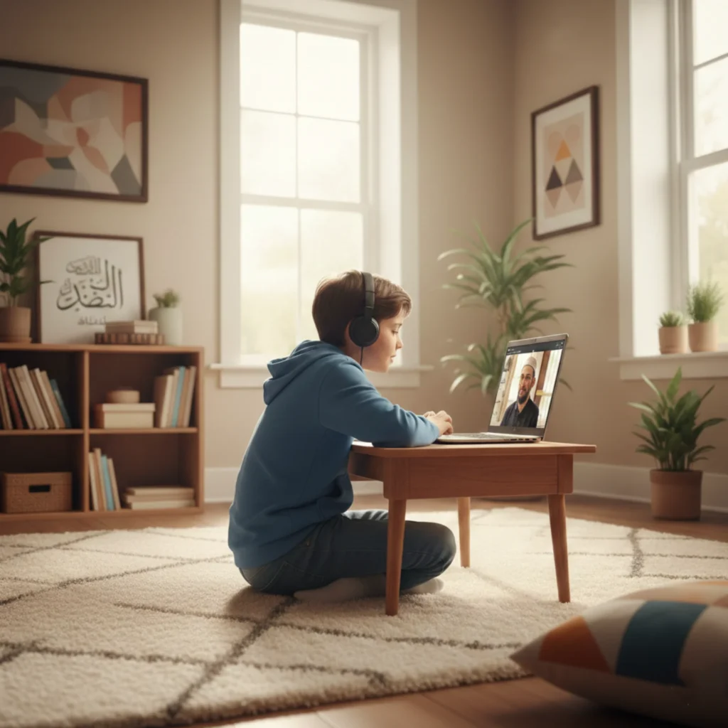 Young child reading Quran with online teacher guidance using a tablet