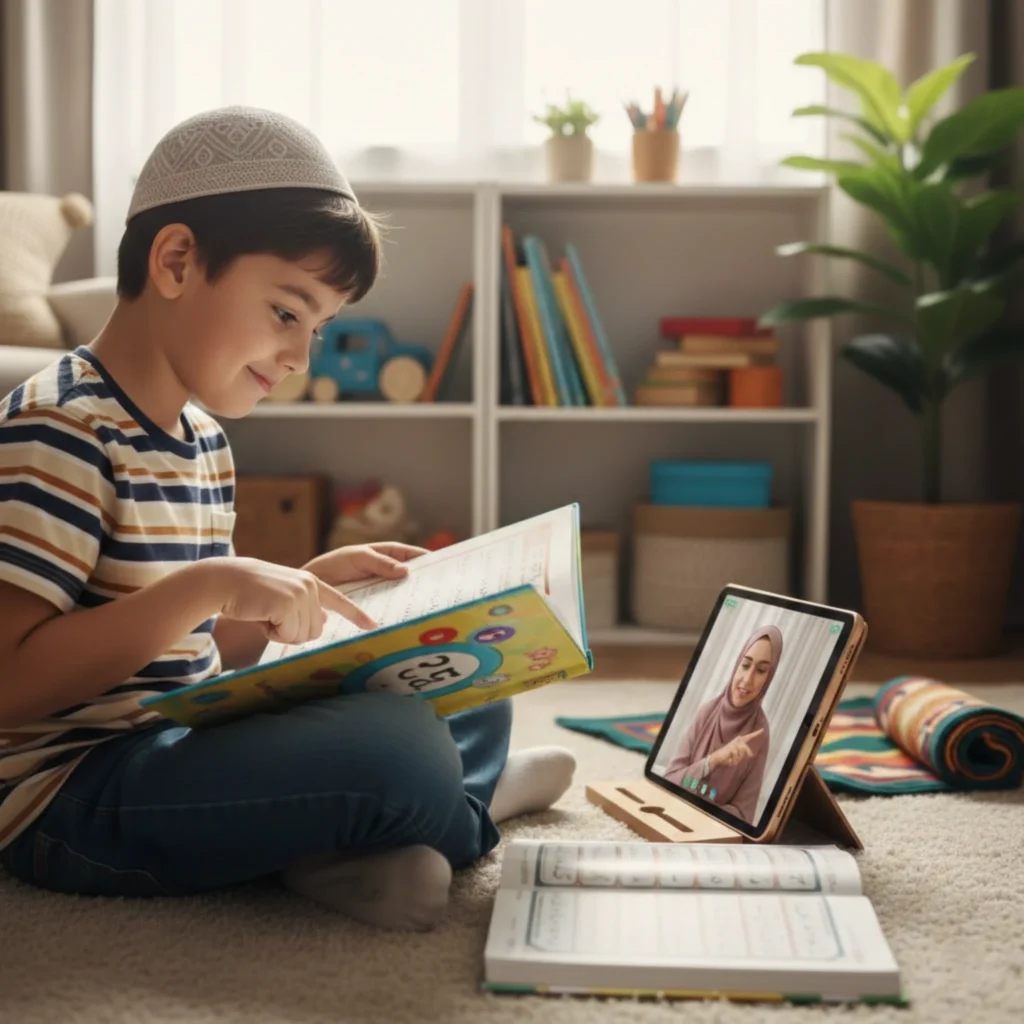 Parents observing their child during an online Quran class at home
