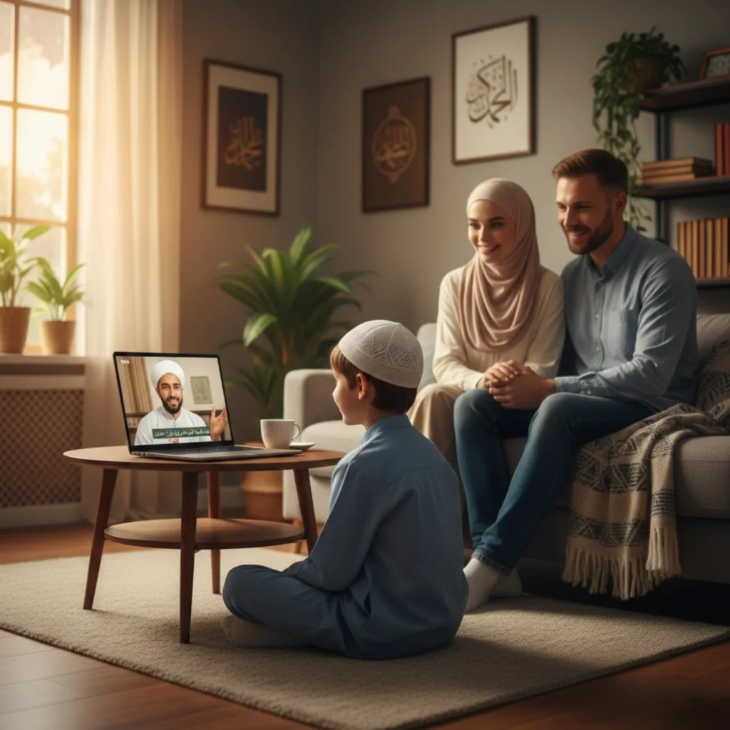 Child attending an online Quran class at home with a live teacher on screen