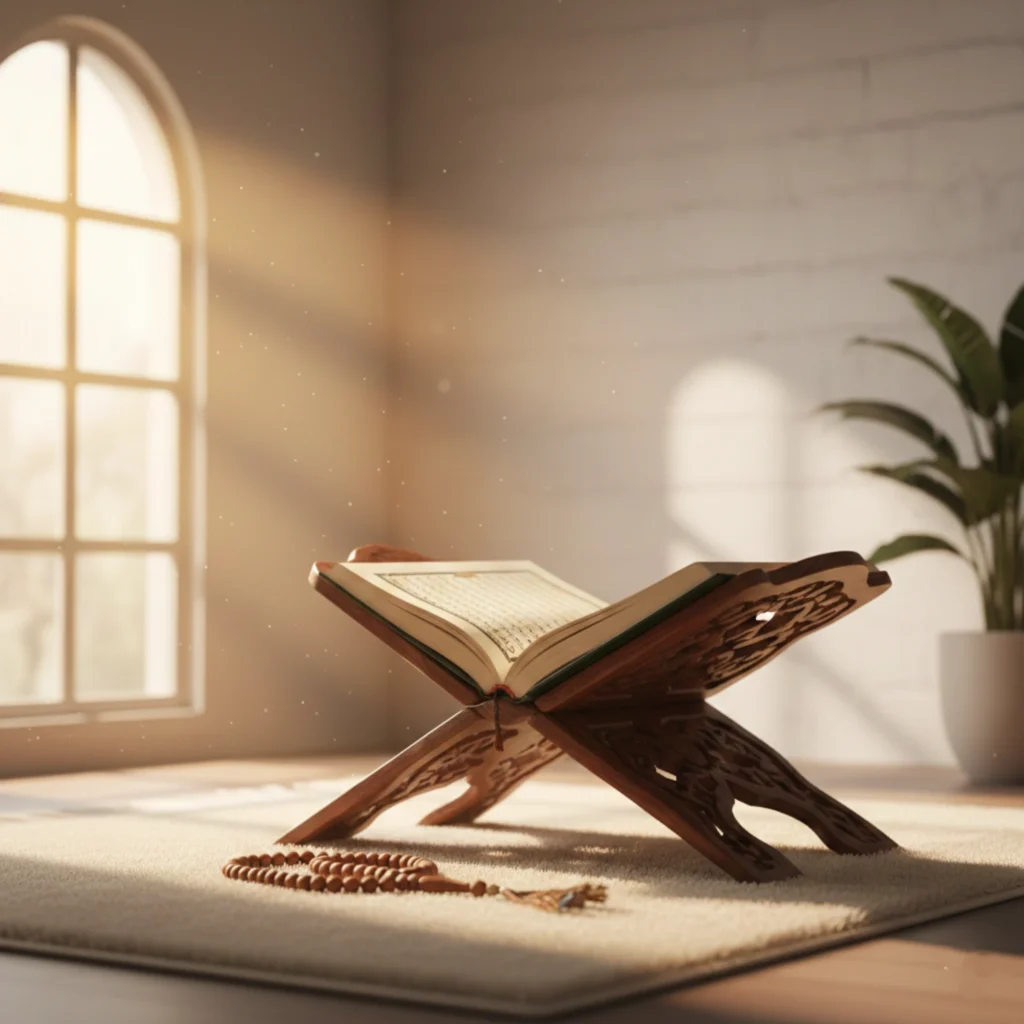 Open Quran placed on a wooden rehal with prayer beads in a quiet, sunlit prayer space
