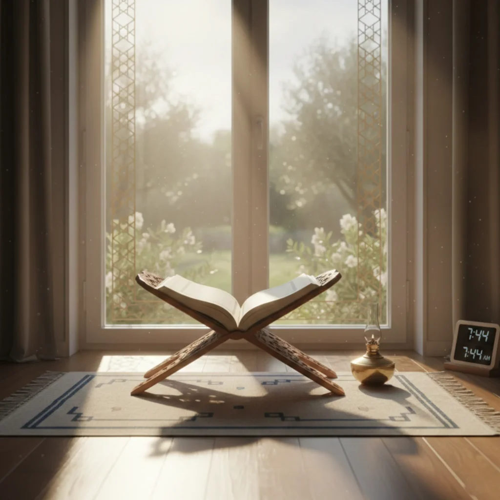Child learning Quran at home with a family member while connecting with an online Quran tutor on a laptop