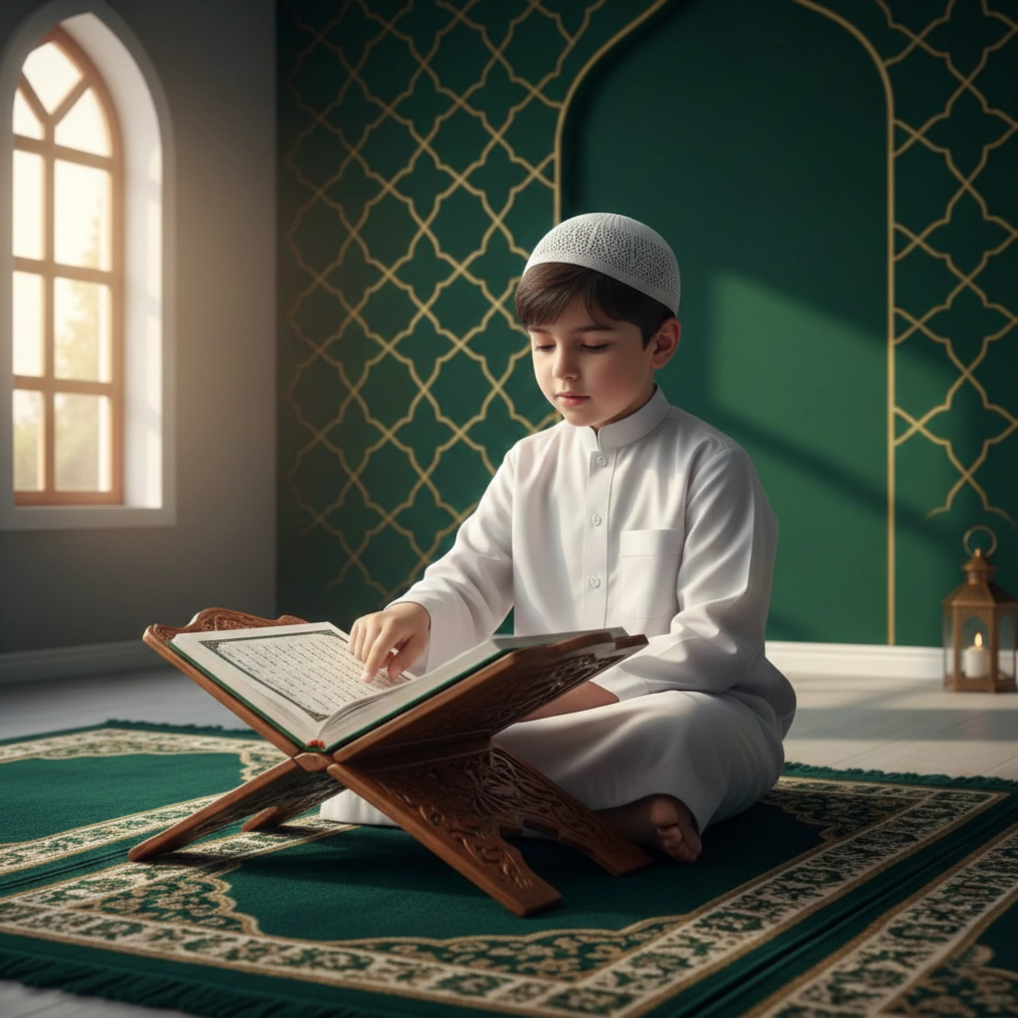A young boy in white clothing reading the Quran while sitting on a prayer mat indoors.
