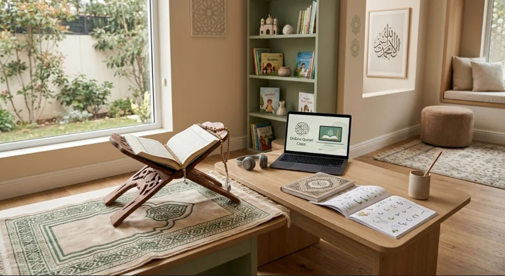 A young Muslim boy attending an online Quran class with headphones while reading from the Quran at his study desk.