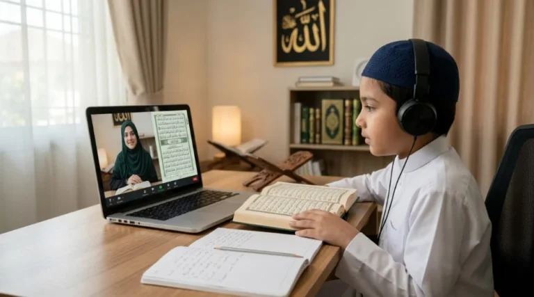 A peaceful Islamic study corner with Quran on a wooden stand, prayer mat, and laptop prepared for an online Quran class for kids.