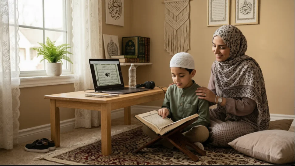 A Muslim mother supporting her child during an online Quran class at home in a warm and peaceful learning environment