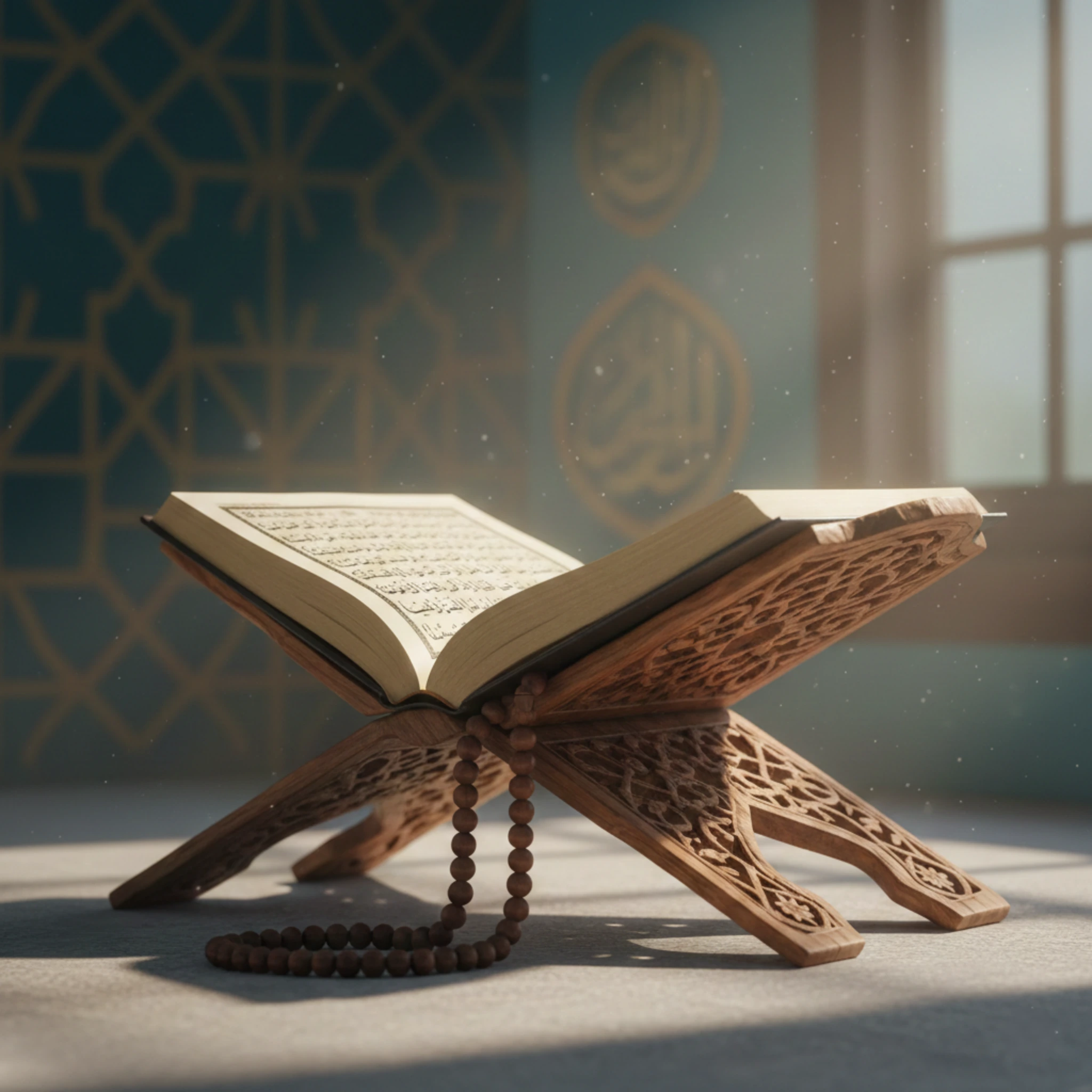 An open Quran resting on an ornate wooden stand with prayer beads beside it in a softly lit