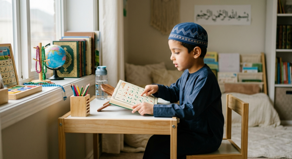 Young Muslim boy learning Quran Arabic letters from Noorani Qaida at a small study table