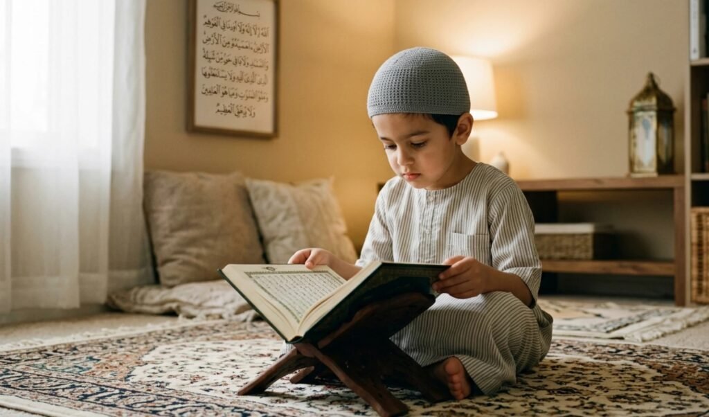 Young Muslim child reading Quran with focus in a peaceful home setting