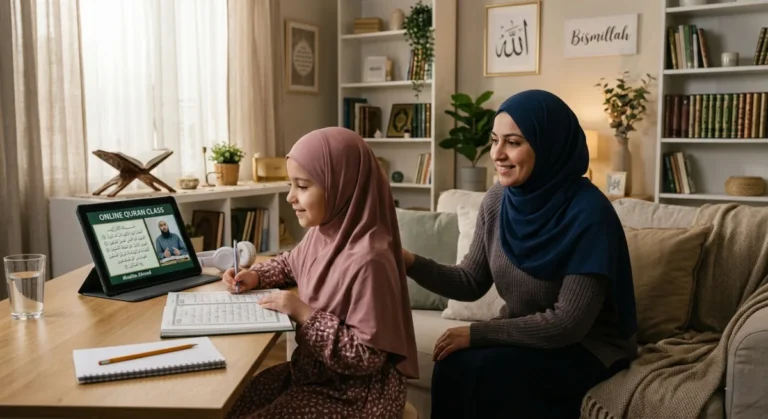 Child attending online Quran classes for kids at home with mother support