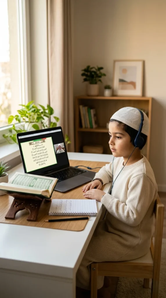 Young child focused during online Quran classes for kids at home setup