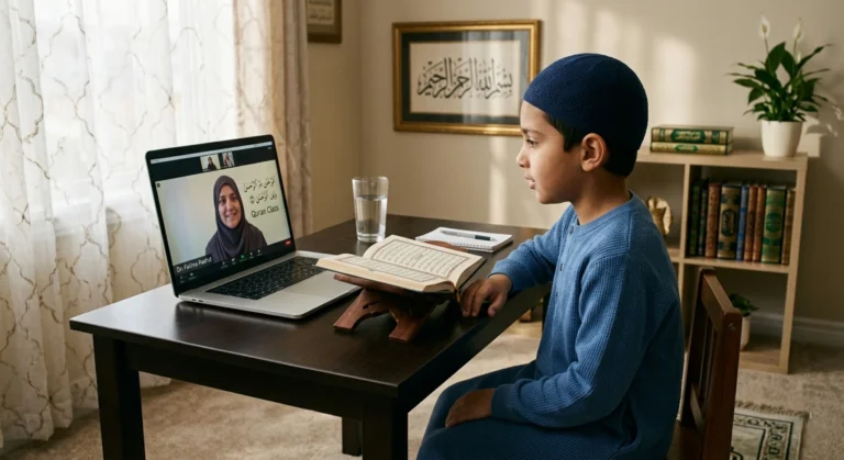 Child attending a one-on-one online Quran class with a tutor on a laptop at home