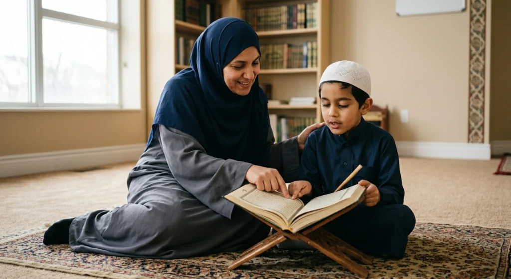 
Mother helping child with Quran reading and Tajweed at home