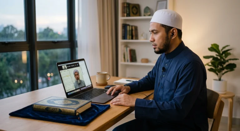 Adult man attending a Quran class to learn Tajweed online for adults with a teacher on video call