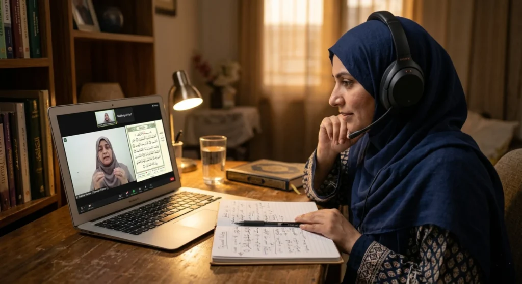 Woman taking notes during a session to learn Tajweed online for adults with one-on-one guidance