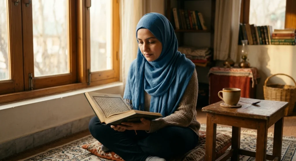 Adult woman practicing Quran recitation to learn Tajweed online for adults in a peaceful home setting