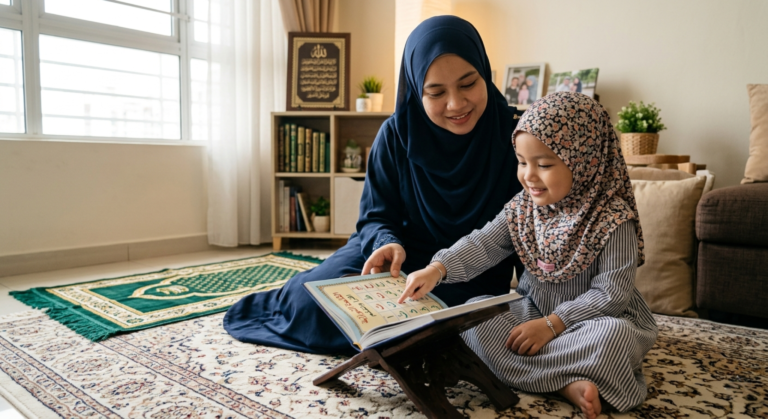 Young Muslim girl learning Quran online from home while learning Noorani Qaida