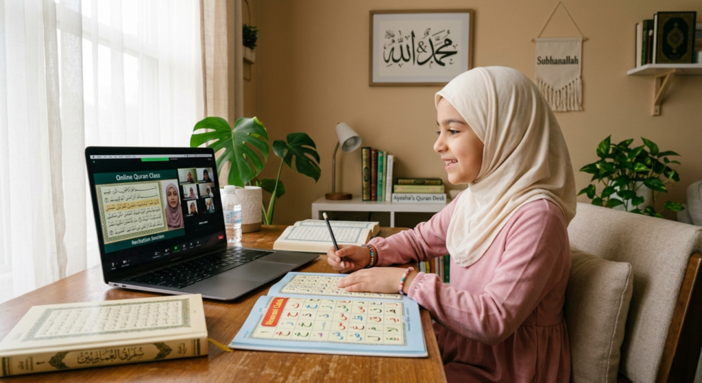 Mother helping her young daughter learn Noorani Qaida at home in a peaceful Islamic setting