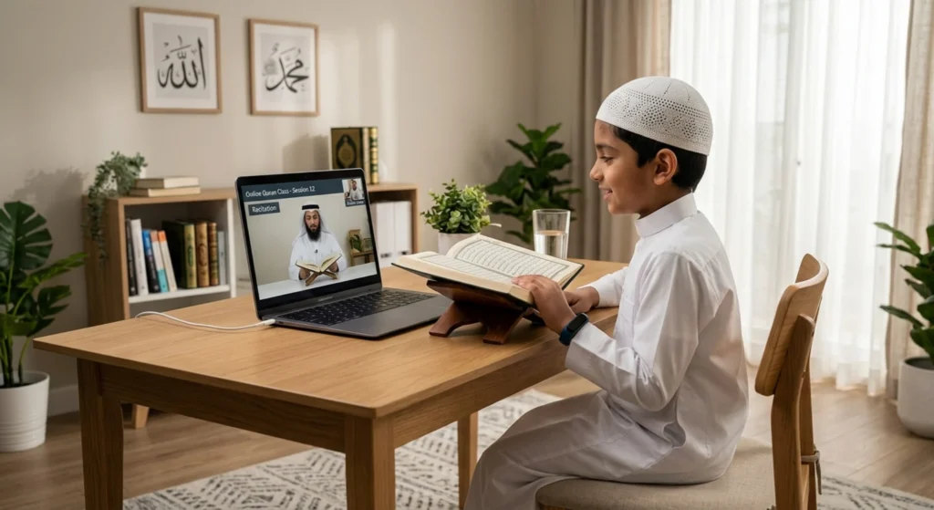Child attending online Quran class with tutor on laptop at home