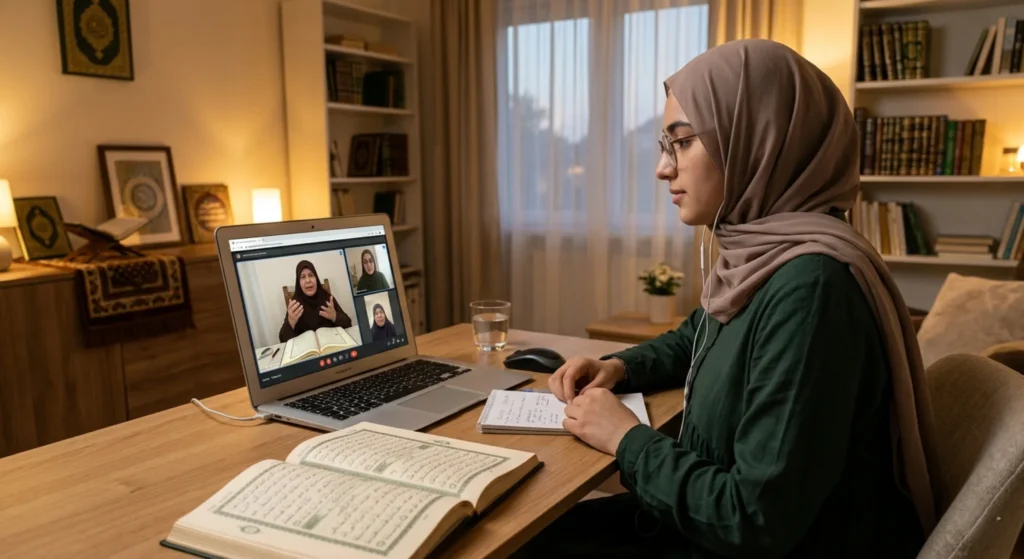 Student attending online Quran tutor for Tajweed session on laptop