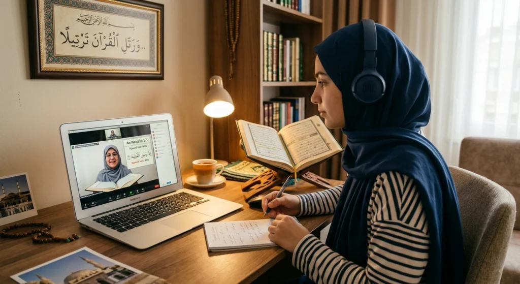 Student learning online Quran with teacher showing Tajweed mandatory for Quran recitation from home
