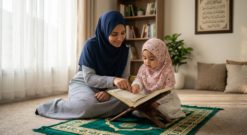Mother teaching her child how to read Quran at home with guidance and care