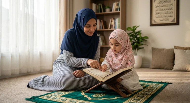 Mother teaching her child how to read Quran at home with guidance and care