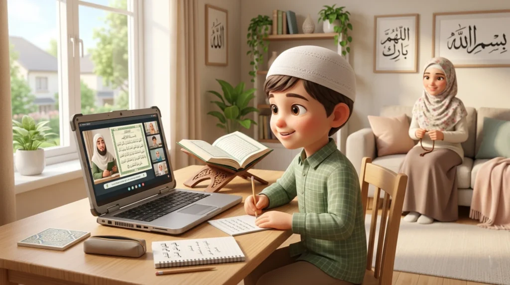 Child attending an online Quran class for kids on a laptop at home with a parent nearby