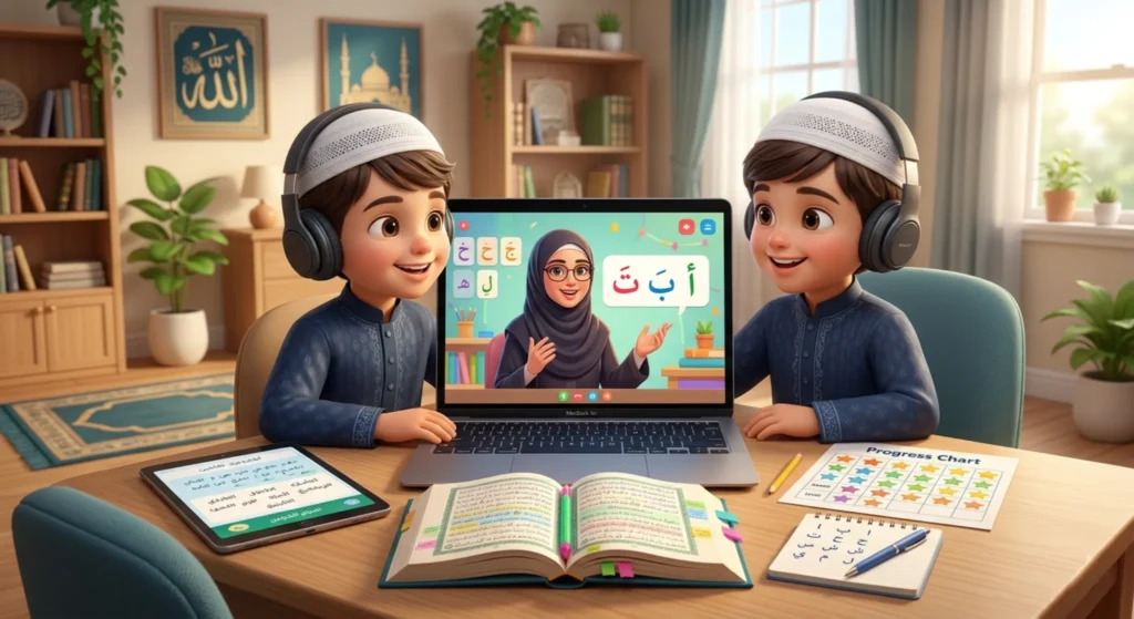 Child taking a free trial online Quran class with teacher guiding Quran reading on screen